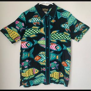 Colorful patterned fish button up t shirt